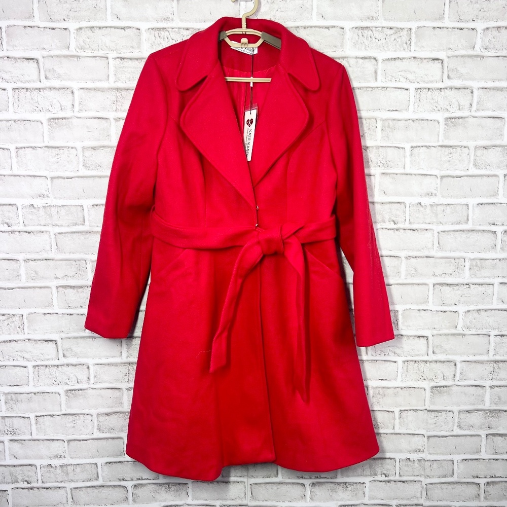 NWT🤩|•KATE KASIN•| Cherry Red Long Belted Knotted Lapel Coat/Jacket Size Medium